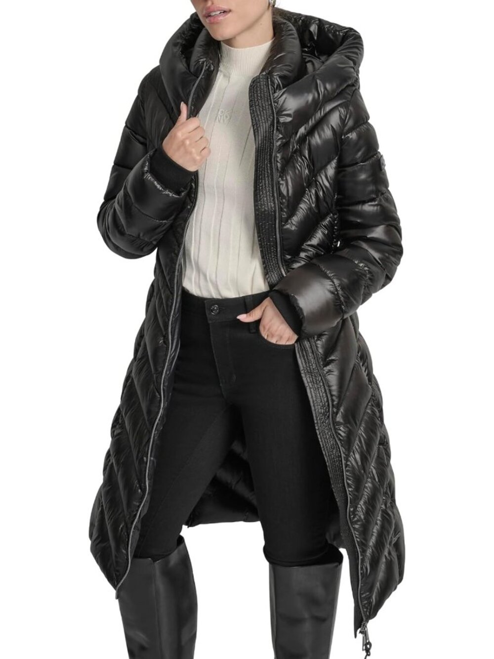 DKNY Women's Long Shiny Puffer Coat With Hood – Quilted Gloss Finish Winter